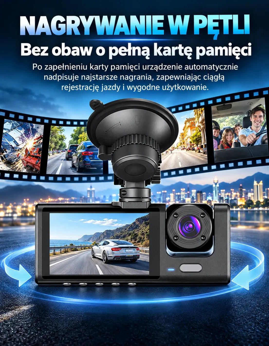 🚗 Rejestrator samochodowy HD 1080p z kamerą cofania