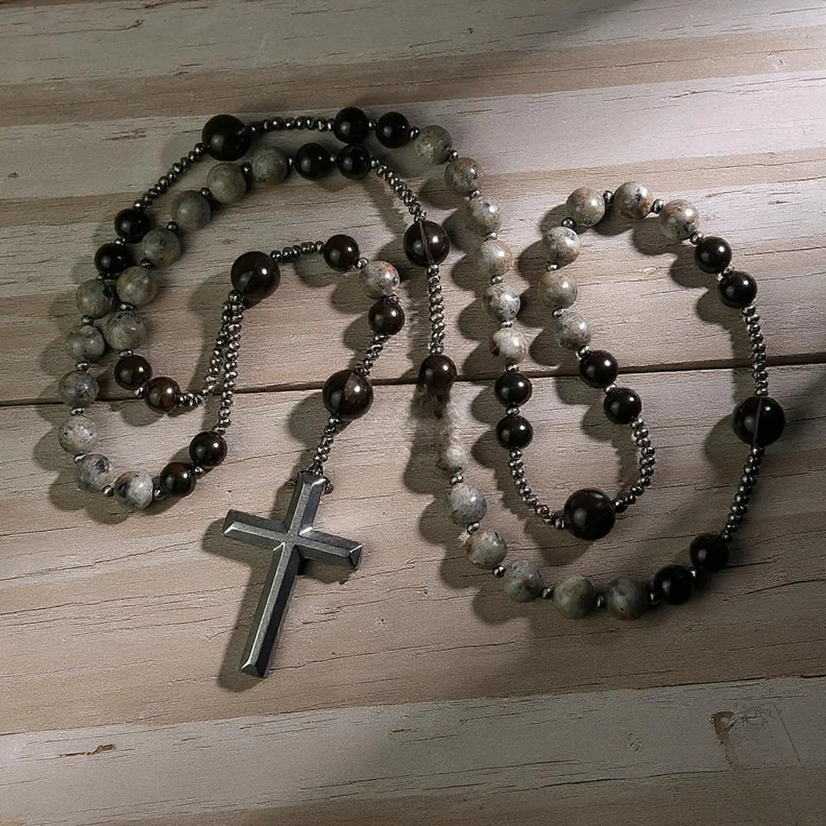🔥✨【50% отстъпка🔥】Колие от естествен обсидиан и Pampers Rosary - класически дизайн с кръст