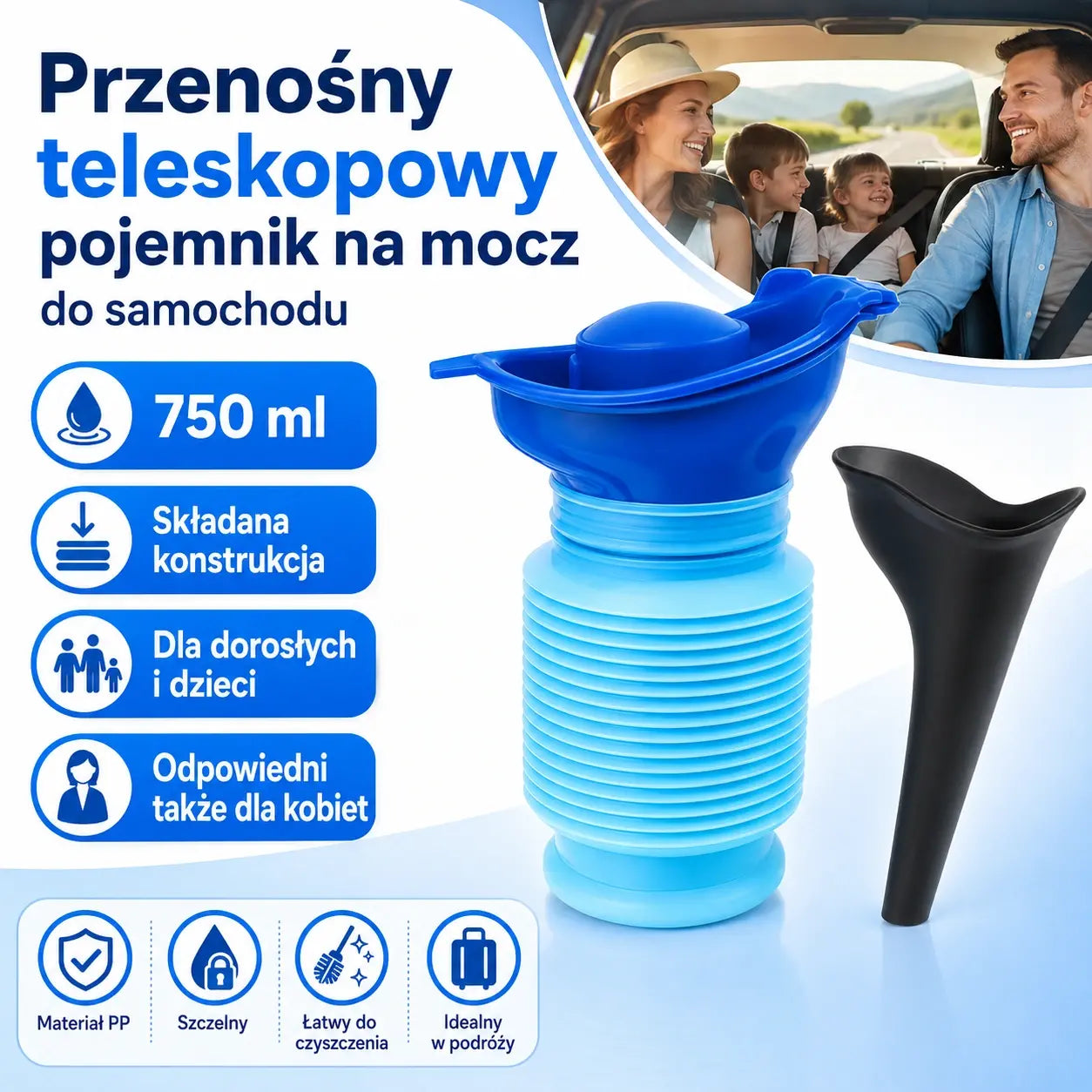 Przenośny, składany pisuar podróżny dla mężczyzn, kobiet i dzieci – wielorazowy pojemnik na mocz na kemping i długie podróże
