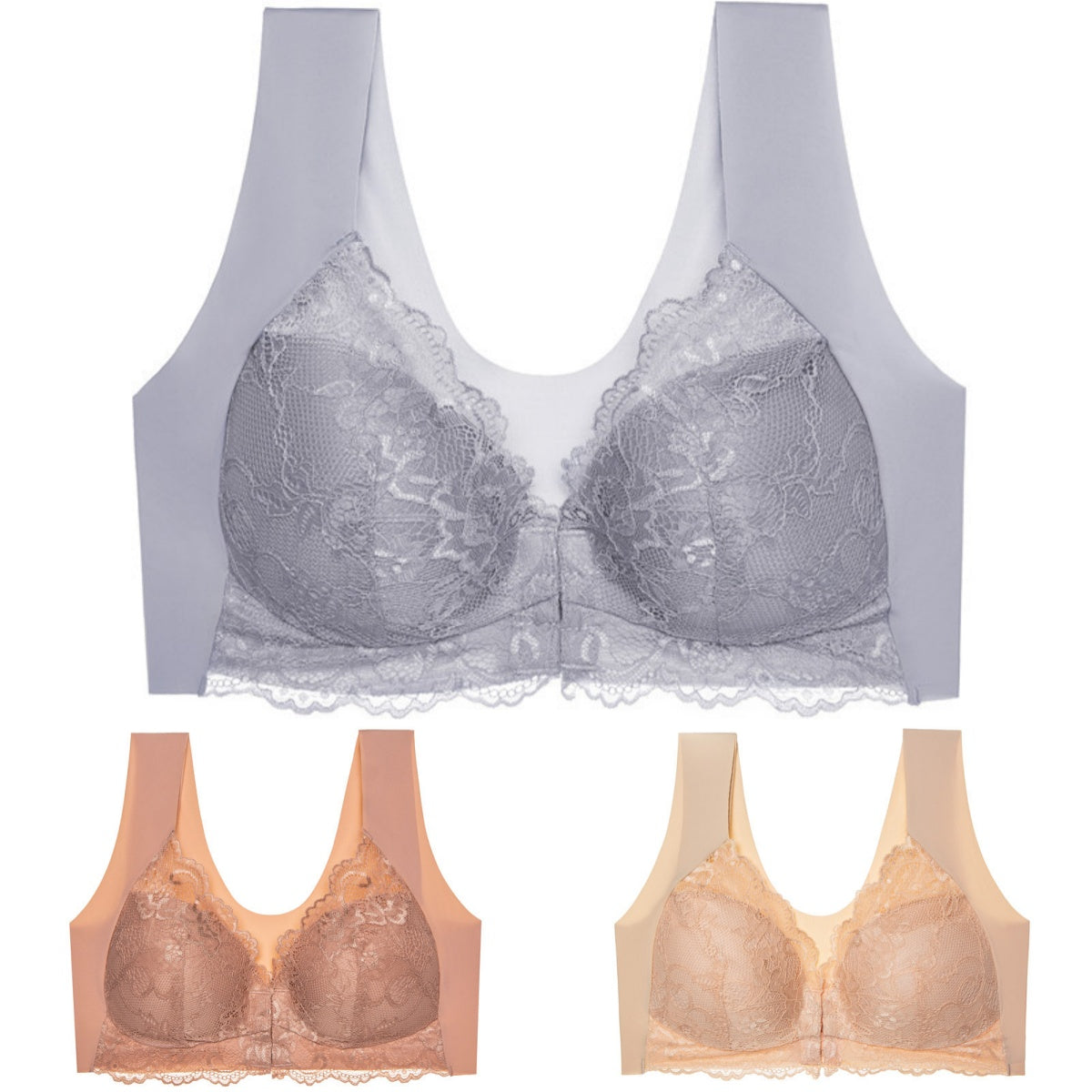 ✨🔥【Έκπτωση περιορισμένης διάρκειας】🔥【3 τεμάχια】 Μεγάλο μέγεθος με μπροστινό κούμπωμα, σέξι, χωρίς μπανέλα, σουτιέν με όμορφη πλάτη