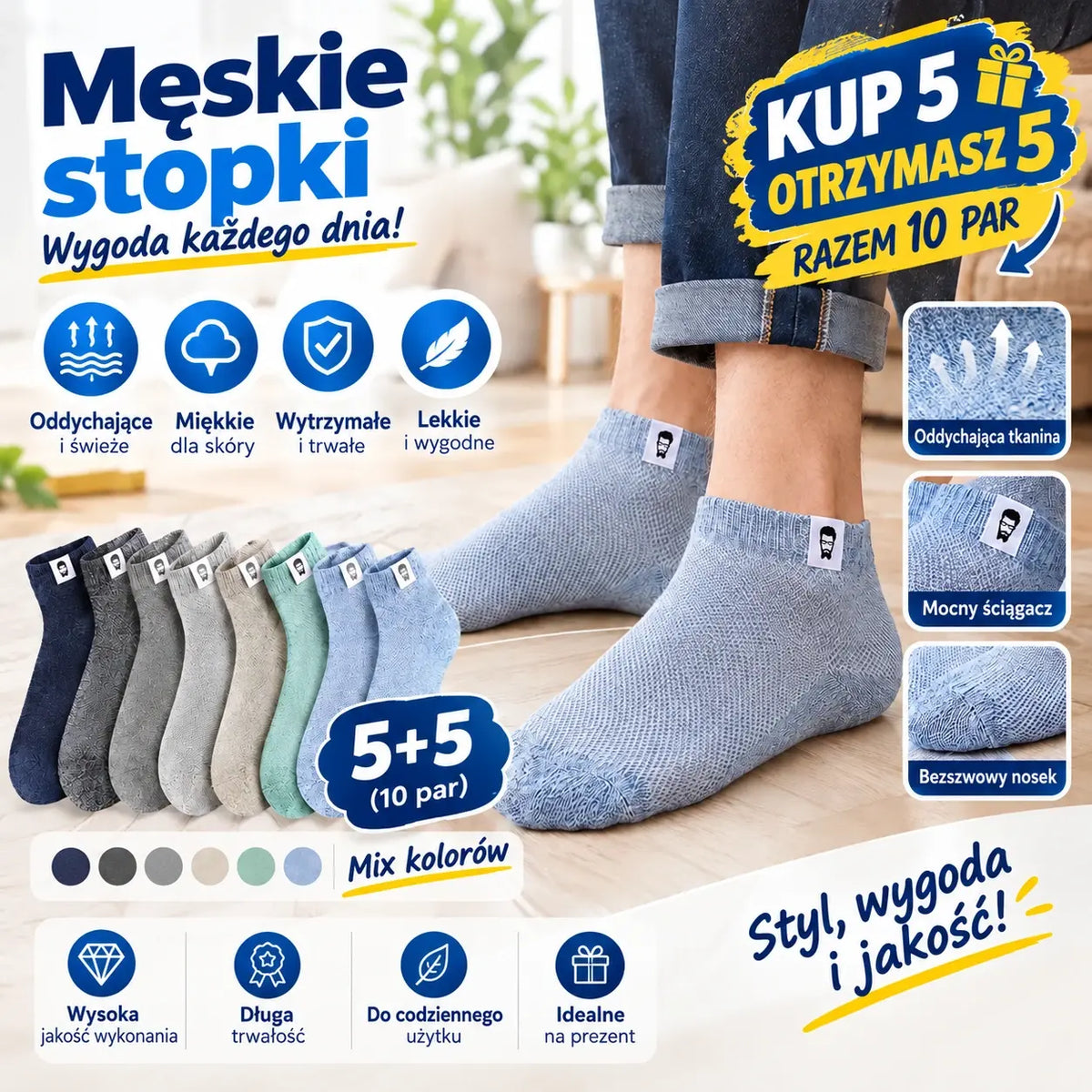 Męskie skarpetki oddychające, antybakteryjne i odporne na nieprzyjemne zapachy