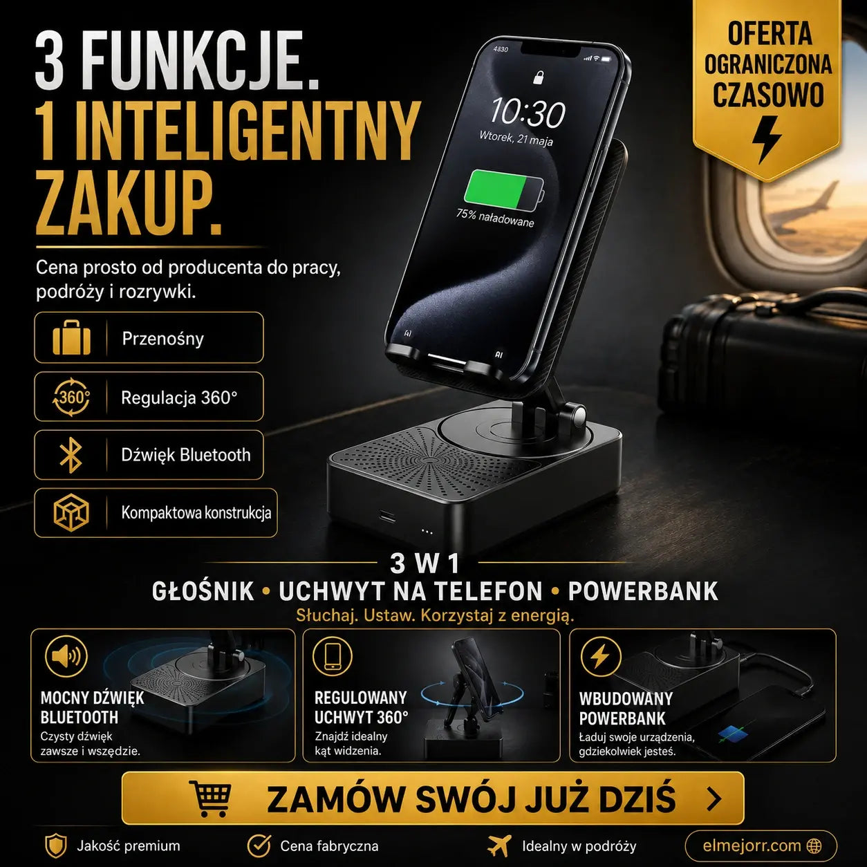 3 w 1: Głośnik Bluetooth + Ładowarka + Uchwyt na telefon obracany o 360°
