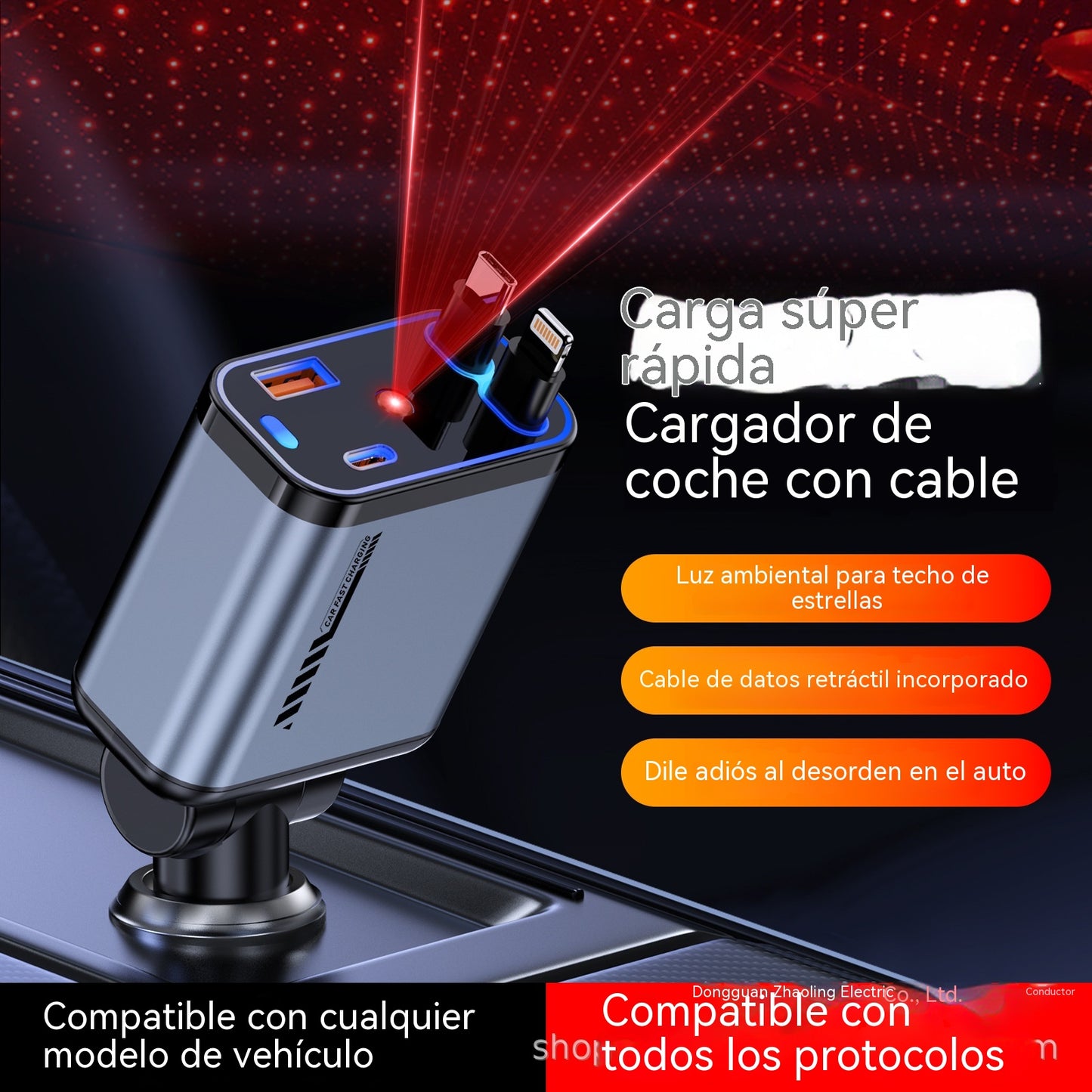 ⚡✨ Cargador de coche ultrarrápido: dos puertos USB-C retráctiles con luz ambiental Starlight y protección de seguridad inteligente 🚗💫