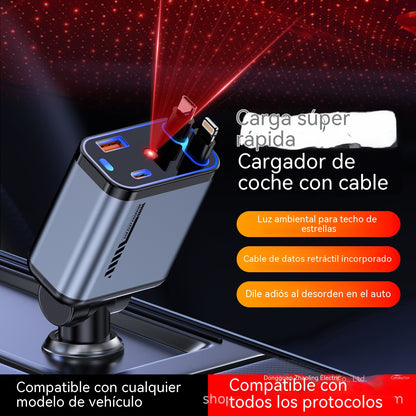 ⚡✨ Cargador de coche ultrarrápido: dos puertos USB-C retráctiles con luz ambiental Starlight y protección de seguridad inteligente 🚗💫