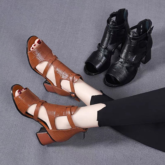 👡✨【35-40】Нови дамски римски сандали от мека кожа, с меко ходило, отворени пръсти и дебел ток