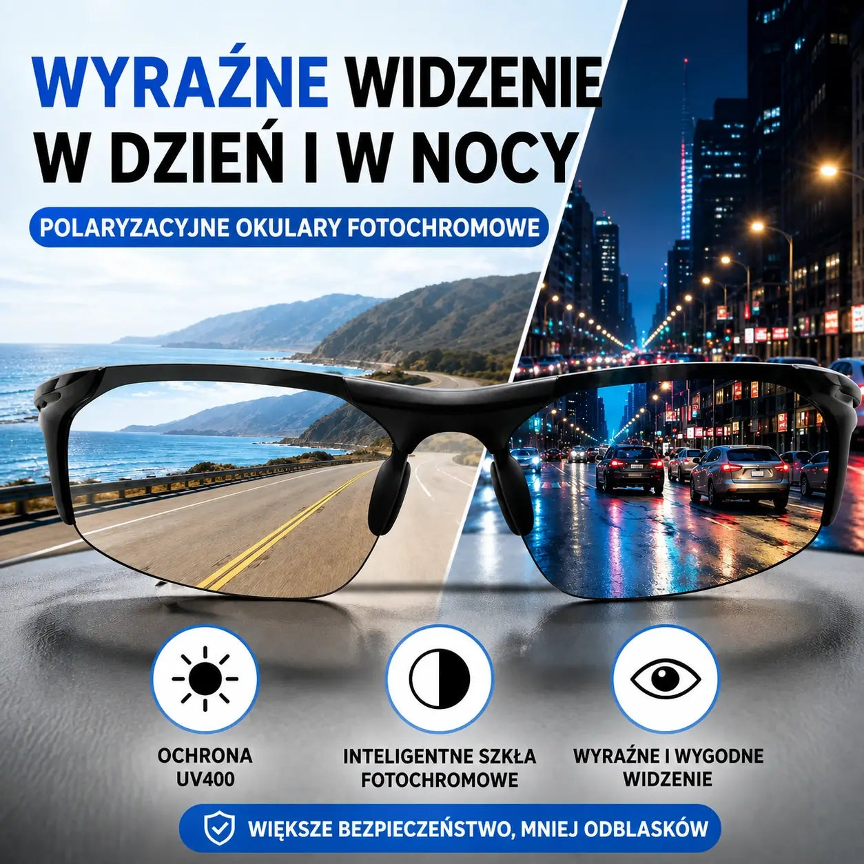 Automatyczne fotochromowe okulary przeciwsłoneczne z polaryzacją, odpowiednie do jazdy w dzień i w nocy