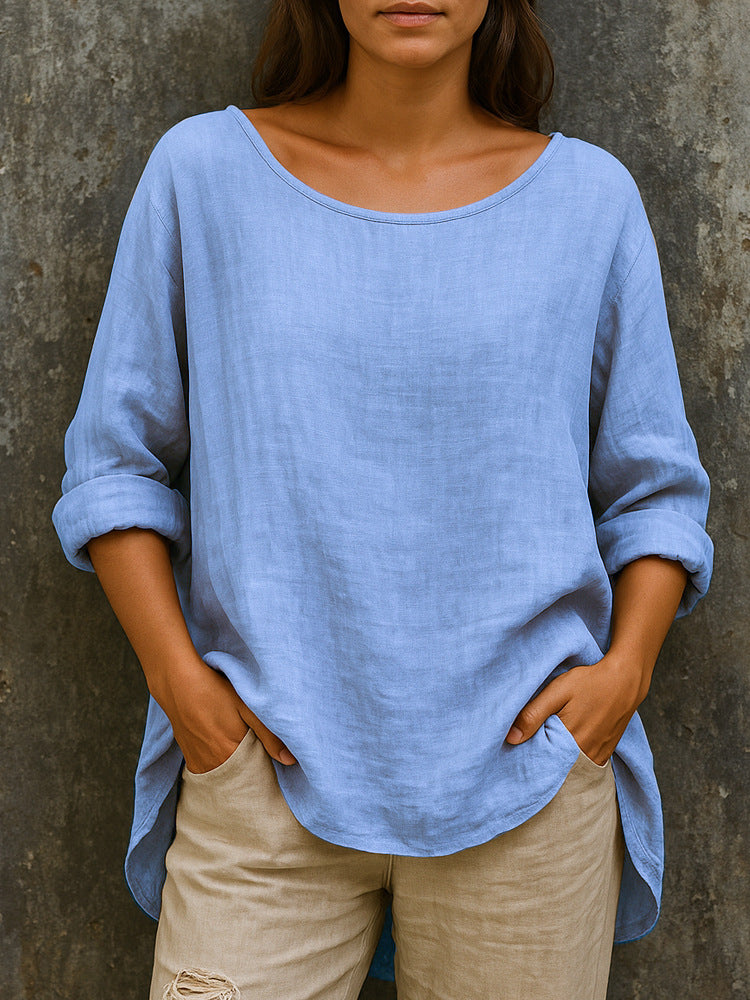 Плащане при доставка🦋🦋【S-3XL】Свободна, модерна памучно-ленена тениска с обло деколте в ретро стил за дами с по-големи размери