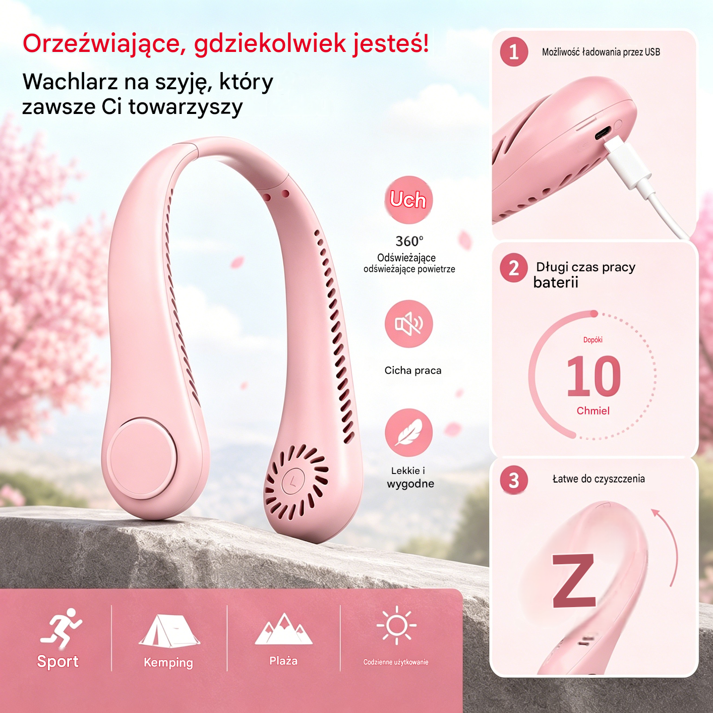 Wentylator na szyję z funkcją chłodzenia – wyjątkowo cichy, przenośny i obracany o 360° – idealny na lato