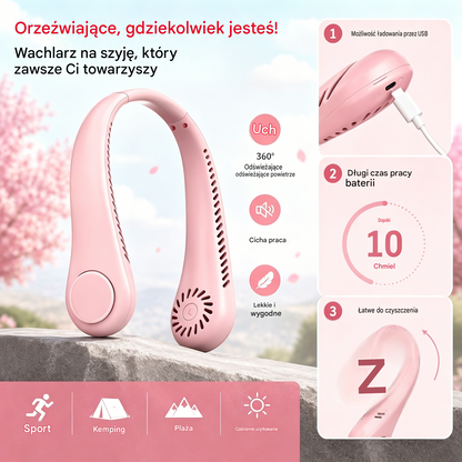 Wentylator na szyję z funkcją chłodzenia – wyjątkowo cichy, przenośny i obracany o 360° – idealny na lato
