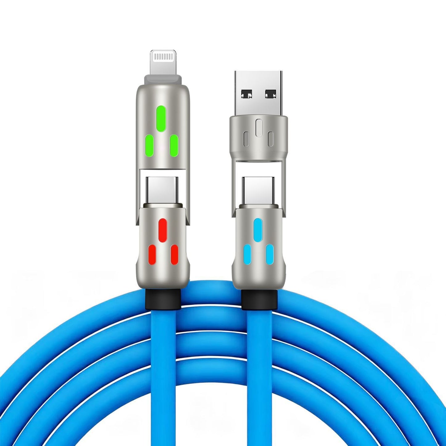 🔥 【2 sztuki za 99 zł】 🔥 (długość 2 m) Kabel 4 w 1 PD 240 W – szybkie ładowanie USB-C, Lightning i USB-A, aluminium i silikon, synchronizacja danych ⚡📱