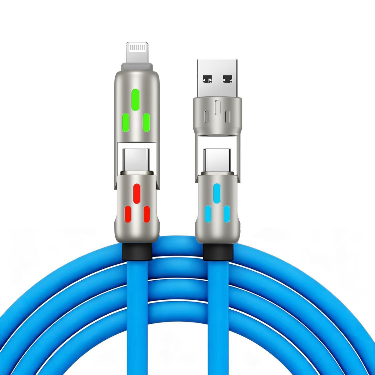 🔥 【2 sztuki za 99 zł】 🔥 (długość 2 m) Kabel 4 w 1 PD 240 W – szybkie ładowanie USB-C, Lightning i USB-A, aluminium i silikon, synchronizacja danych ⚡📱