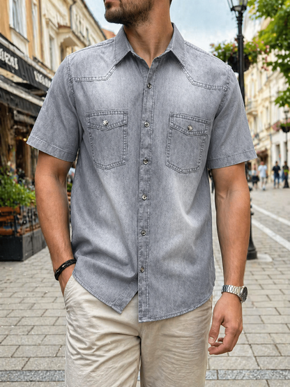 【Плащане при доставка】Нова мъжка дънкова риза slim fit 2026, с премиум изпран и леко износен ефект