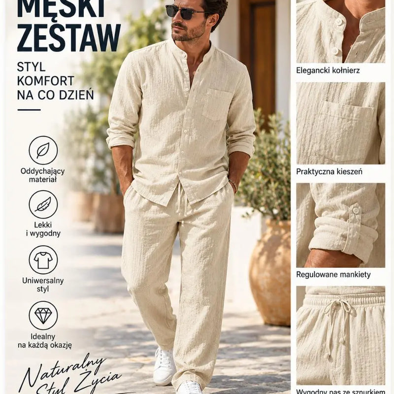 【Oferta specjalna】Męski Komplet Lniany – Koszula z Długim Rękawem + Wygodne Spodnie【Dostępna jest płatność przy odbiorze】