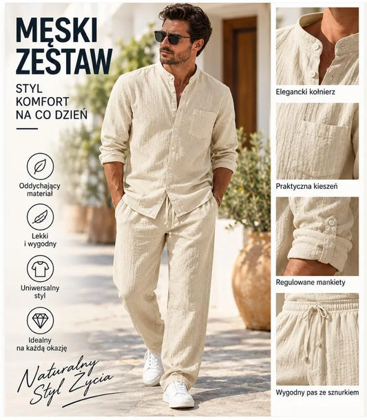 【Oferta specjalna】Męski Komplet Lniany – Koszula z Długim Rękawem + Wygodne Spodnie【Dostępna jest płatność przy odbiorze】