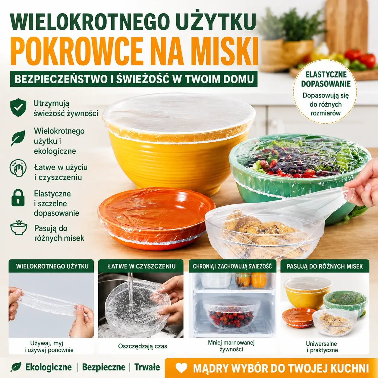 【Oferta specjalna tylko dziś: 50% zniżki】100 sztuk wielorazowych, elastycznych osłonek foliowych dopuszczonych do kontaktu z żywnością