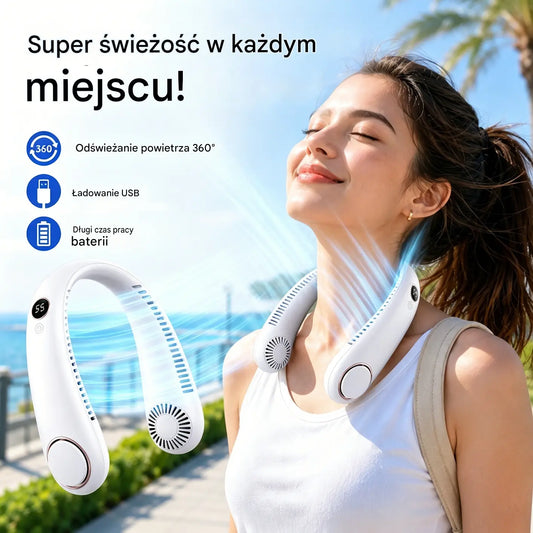 Wentylator na szyję z funkcją chłodzenia – wyjątkowo cichy, przenośny i obracany o 360° – idealny na lato