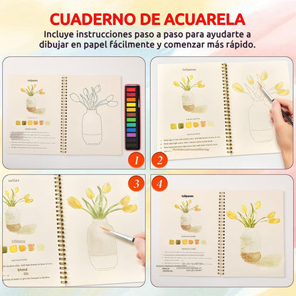 ✨【¡50% de descuento!】🎨 El juego completo de libros de pintura en acuarela incluye pinturas de acuarela y pinceles gratis