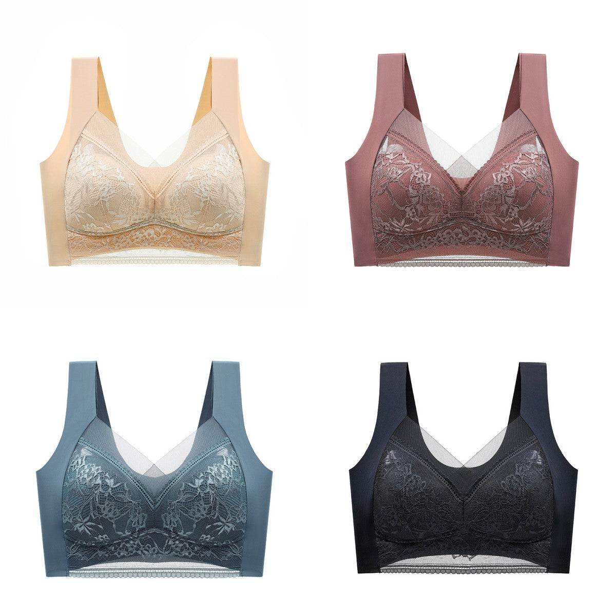 👙✨【Zestaw 4 szt.】Wygodne bezszwowe biustonosze damskie z elegancką koronką