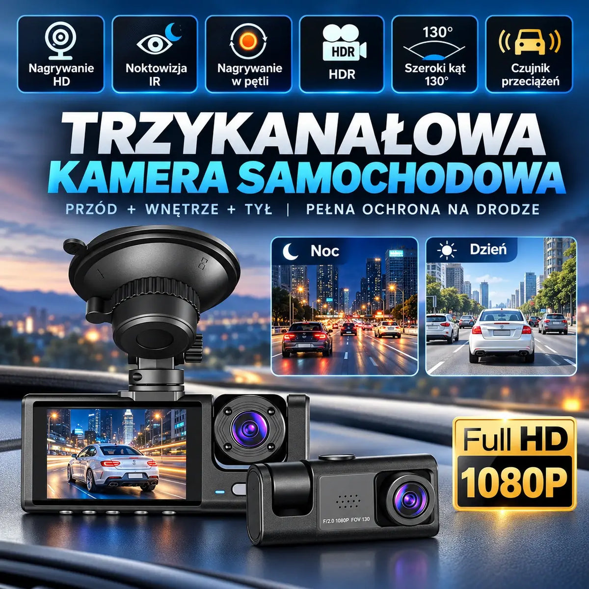 🚗 Rejestrator samochodowy HD 1080p z kamerą cofania