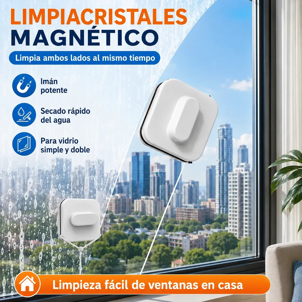 1 unidad 30 euros ⚡ Limpiacristales magnético – Área de limpieza aumentada en un 30 %. Doble esponja de limpieza + espátula – ¡Resultados de limpieza perfectos con una sola pasada! 🧊🌀