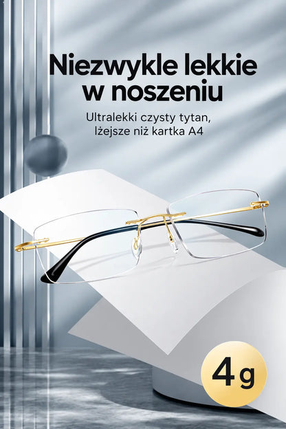 👓 Wysokiej jakości okulary bez oprawek – wyjątkowo lekkie, zapewniające wyraźne widzenie, z filtrem światła niebieskiego. Model unisex.
