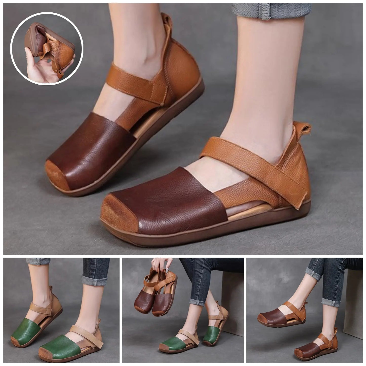 🔥👡【35-40】😇Ženske ravne sandale, retro četvrtasti vrh, od prvog sloja kože, nova ljetna kolekcija
