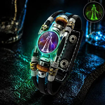 Świecąca skórzana bransoletka z symbolem zodiaku – 3-warstwowy pleciony, regulowana długość, unisex