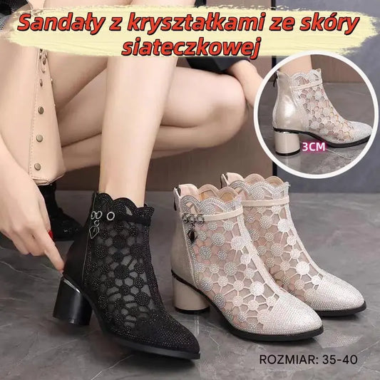 Sandały damskie z miękkiej siateczki na grubym obcasie z kryształkami (rozmiary 35-40)