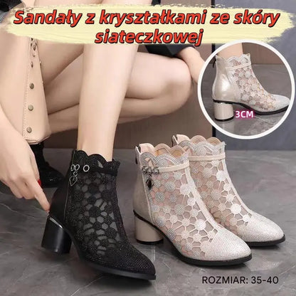 Sandały damskie z miękkiej siateczki na grubym obcasie z kryształkami (rozmiary 35-40)