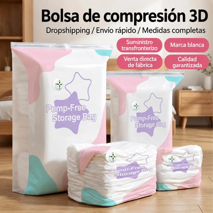 🧳【Juego de 5 piezas】💨 Bolsa de almacenamiento al vacío grande y compresible: no requiere bomba, es a prueba de fugas e ideal para ahorrar espacio en maletas y en casa ✈️