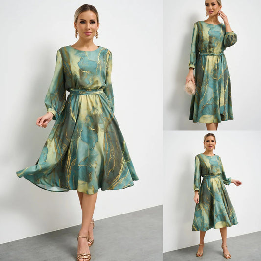 🌿Veliko sniženje na kraju sezone👗【Proljetna vila】elegantna zelena haljina s dugim rukavima i suknjom🌸💃