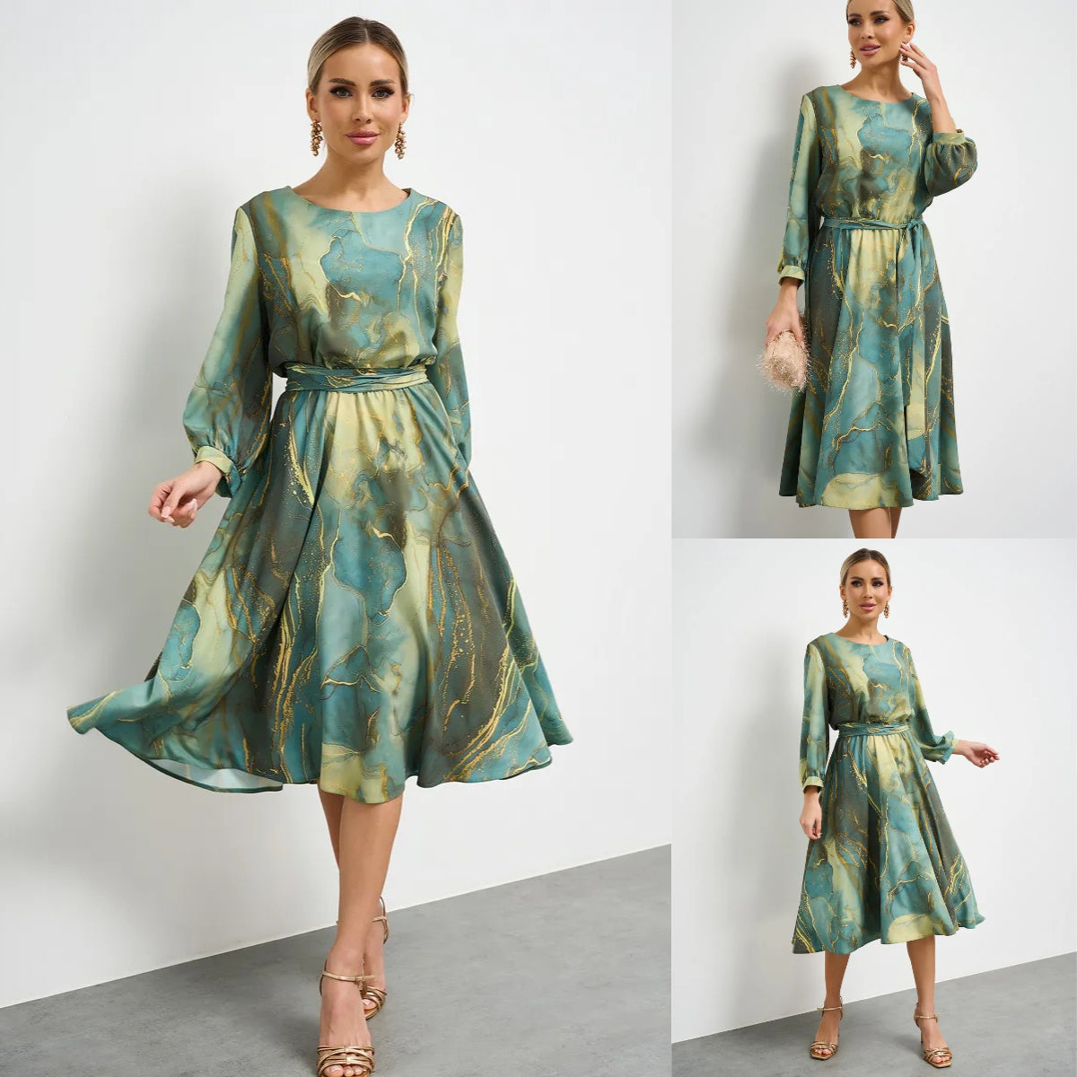 🌿Veliko sniženje na kraju sezone👗【Proljetna vila】elegantna zelena haljina s dugim rukavima i suknjom🌸💃