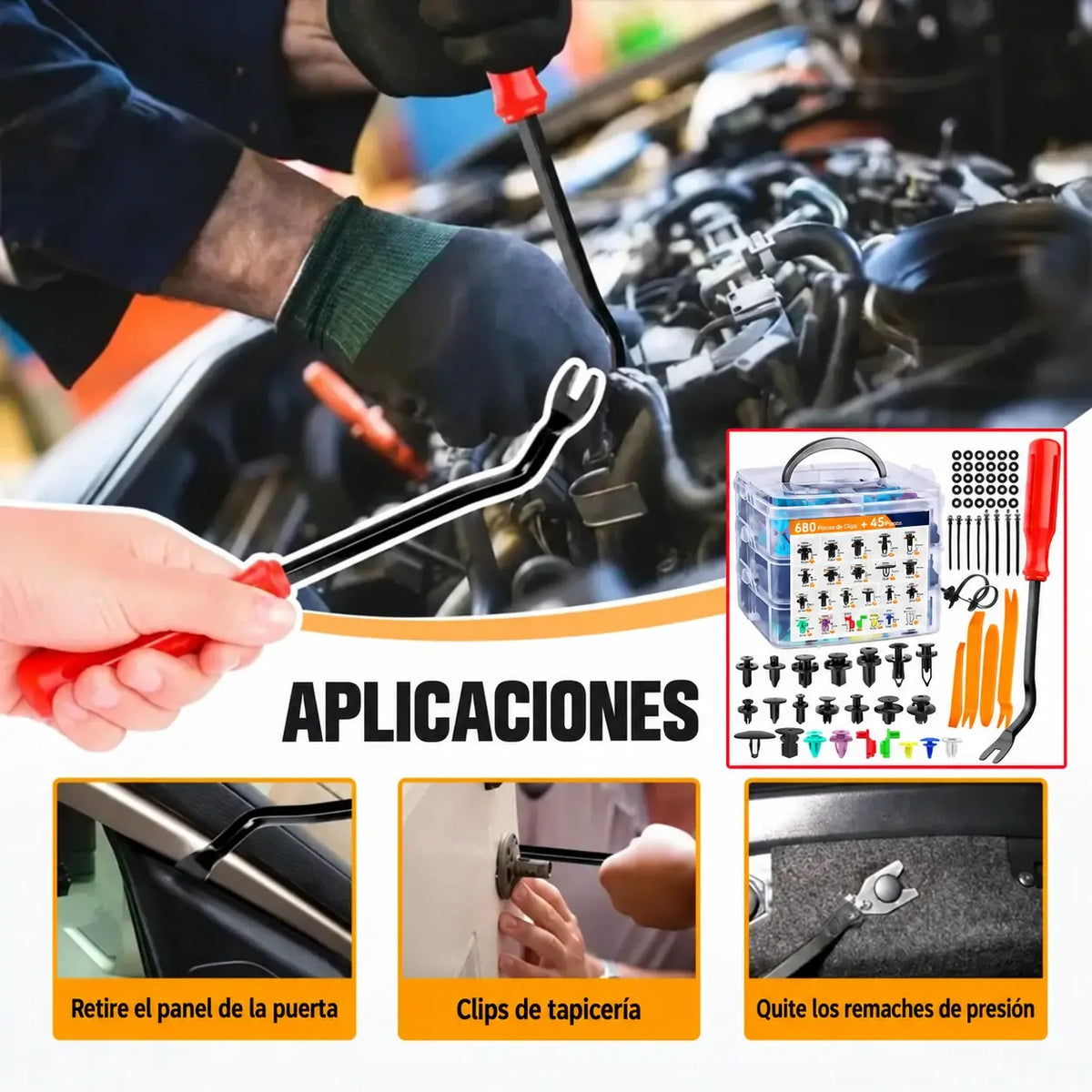 🔥🔥【680 piezas + herramientas de 6 pulgadas + juego de cuatro piezas + almohadilla de esponja + brida】🧰🛠️Juego de hebillas de plástico para tornillos de expansión automotrices