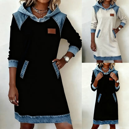 ✨【S-3XL】🌷🌞Zimska nova modna jeans obleka s kapuco iz patchworka