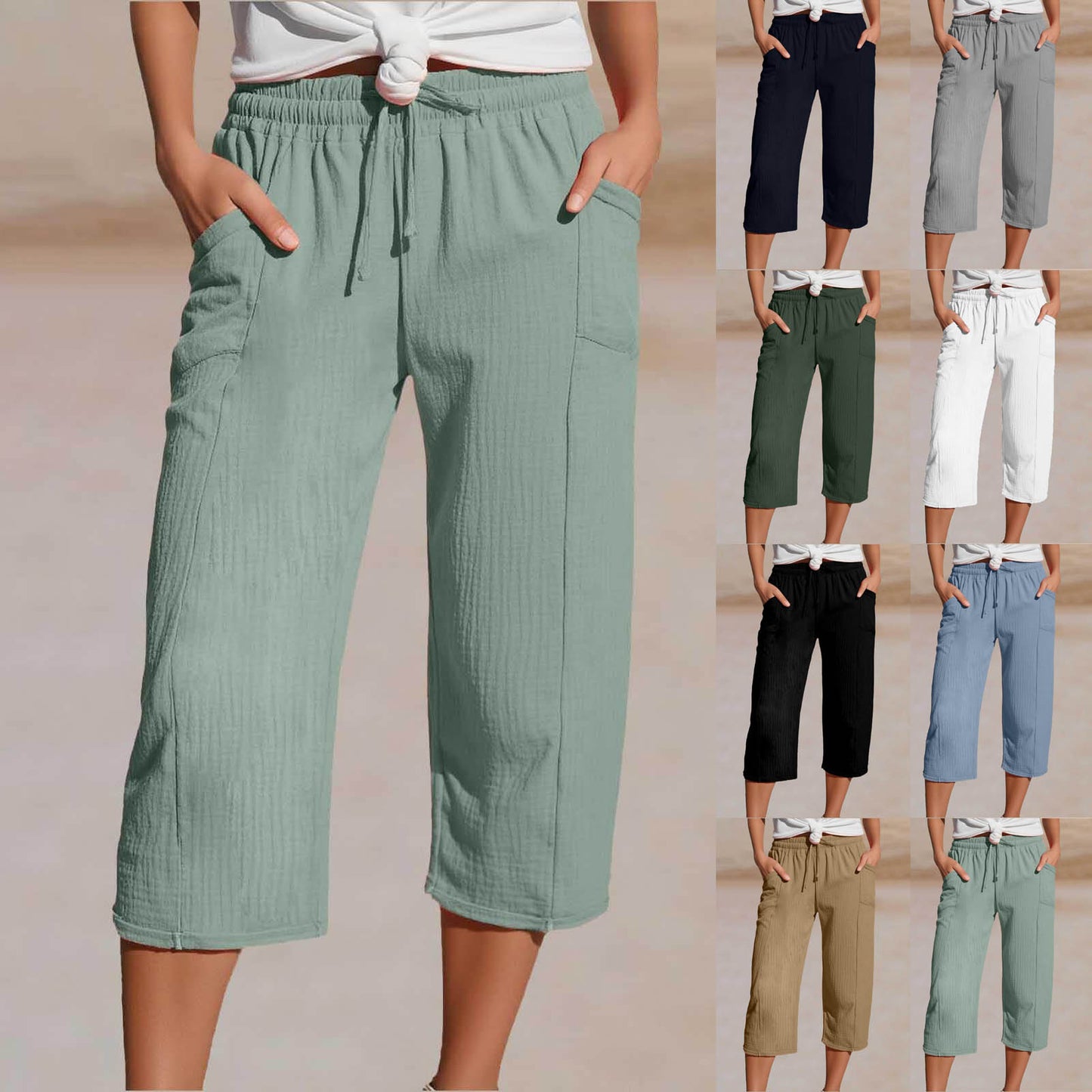 💖👖👖Ženske jednobojne plisirane capri hlače od pamuka i lana - hladne i prozračne, laskaju obliku nogu, elegantne i ležerne