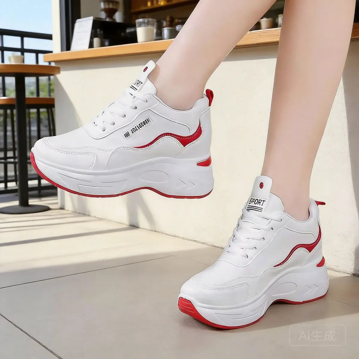 Nowe skórzane buty sportowe na grubej, podwyższonej podeszwie, w casualowym stylu