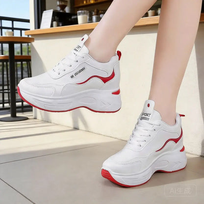 Nowe skórzane buty sportowe na grubej, podwyższonej podeszwie, w casualowym stylu