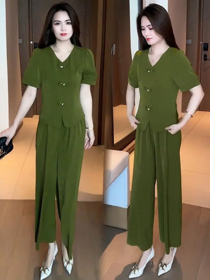 【Top + Pantalones anchos】Conjunto casual de moda