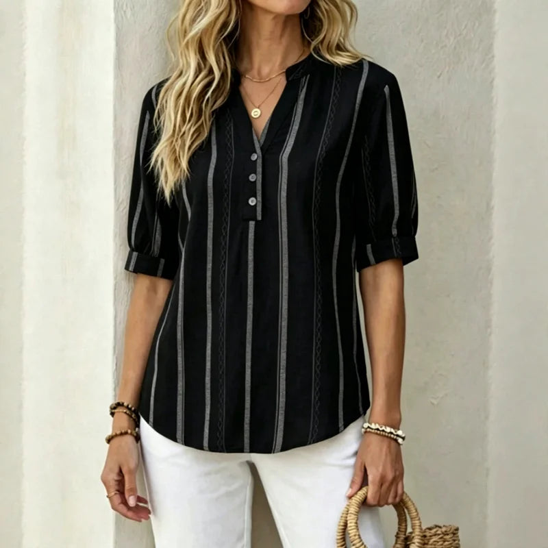 👚 【50% zniżki na oferty sezonowe】Letnia bluzka z krótkim rękawem wykonana z bawełny i lnu, w paski, z przewiewnego materiału
