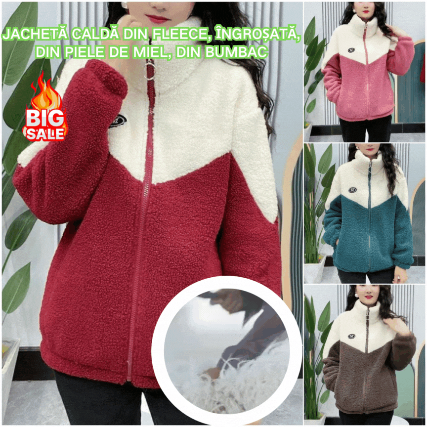 🔥【M-4XL】🐏Jachetă de iarnă fleece, jachetă de bumbac, geacă de bumbac îngroșată din lână de miel, jachetă caldă