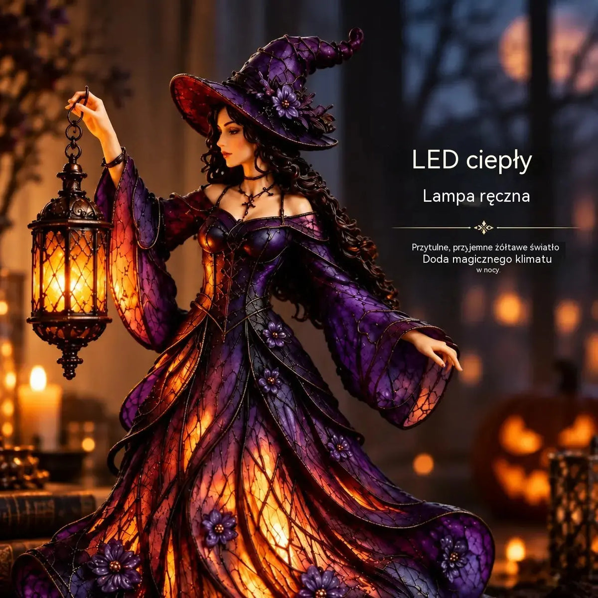 🧙‍♀️ Gotycka figurka wiedźmy na Halloween z latarnią LED 🧙‍♀️