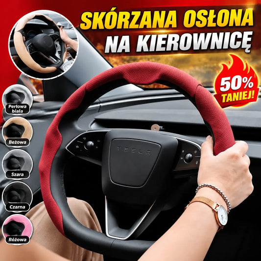 🚗 Skórzany pokrowiec na kierownicę samochodową, odpowiedni na każdą porę roku, antypoślizgowy, pochłaniający pot i odporny na zużycie.