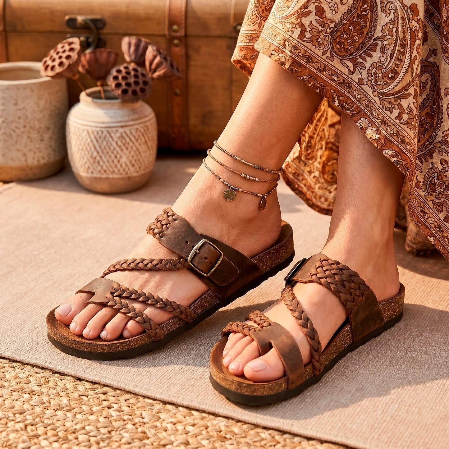 Sandalias Sahara - Sandalias de Cuero Trenzado con Suela de Corcho