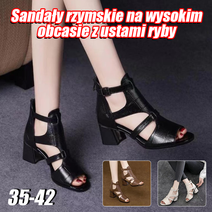 🔥【Kup 1, a otrzymasz 1 gratis】👡【35-40】Nowe miękkie, miękkie skórzane, rybne dno, rybie usta, wydrążone usta, gruby obcas rzymskie sandały
