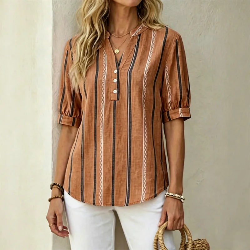👚 【50% zniżki na oferty sezonowe】Letnia bluzka z krótkim rękawem wykonana z bawełny i lnu, w paski, z przewiewnego materiału