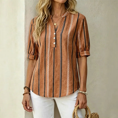 👚 【50% zniżki na oferty sezonowe】Letnia bluzka z krótkim rękawem wykonana z bawełny i lnu, w paski, z przewiewnego materiału