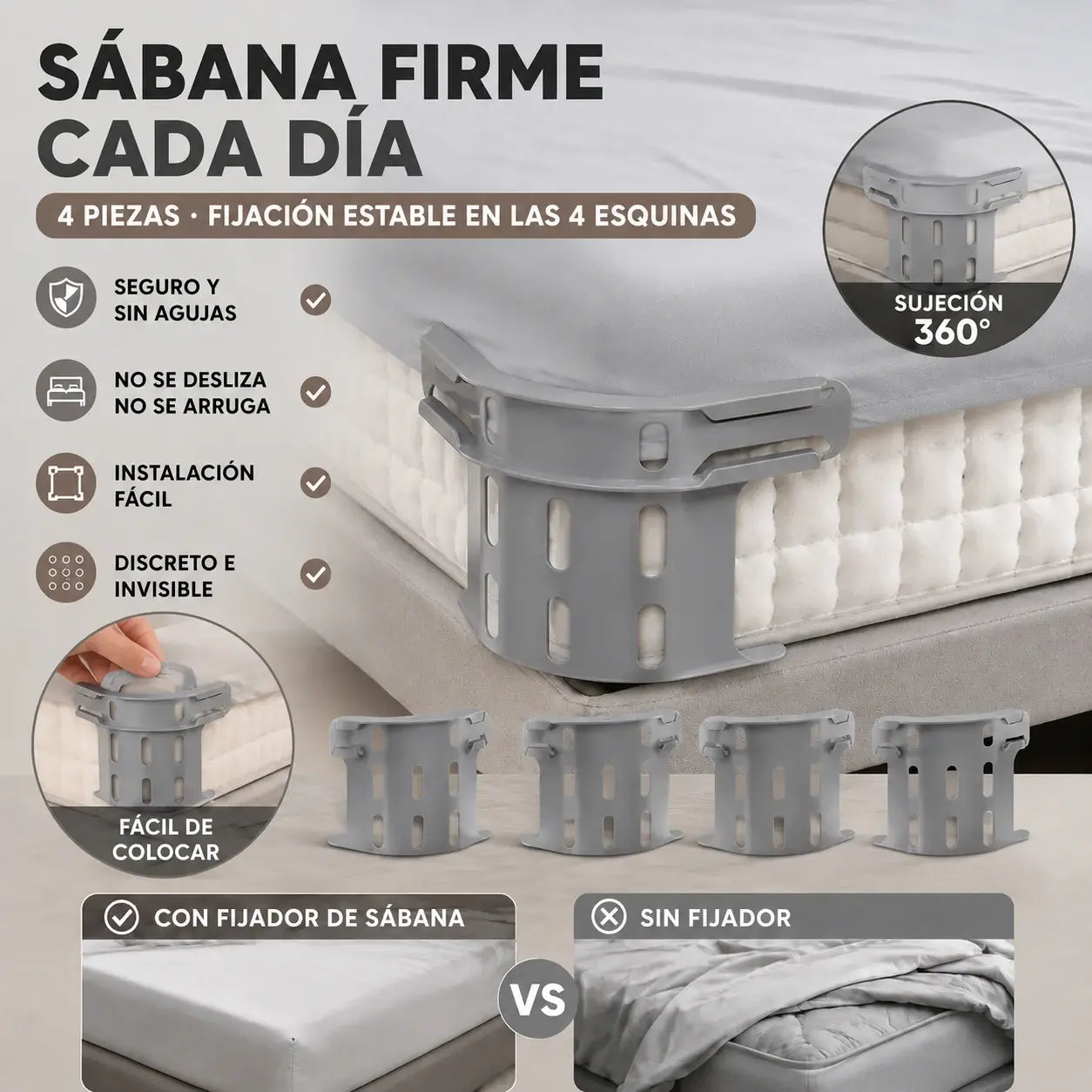 🛏️ Clips ocultos para las cuatro esquinas de la sábana – evitan que las sábanas se desplacen o resbalen, manteniéndolas lisas y bien sujetas.