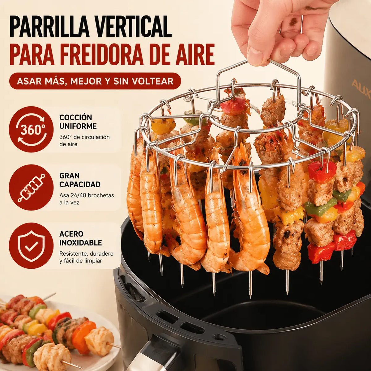 🍖🍗Parrilla de acero inoxidable 304 con 24 brochetas para horno freidora de aire
