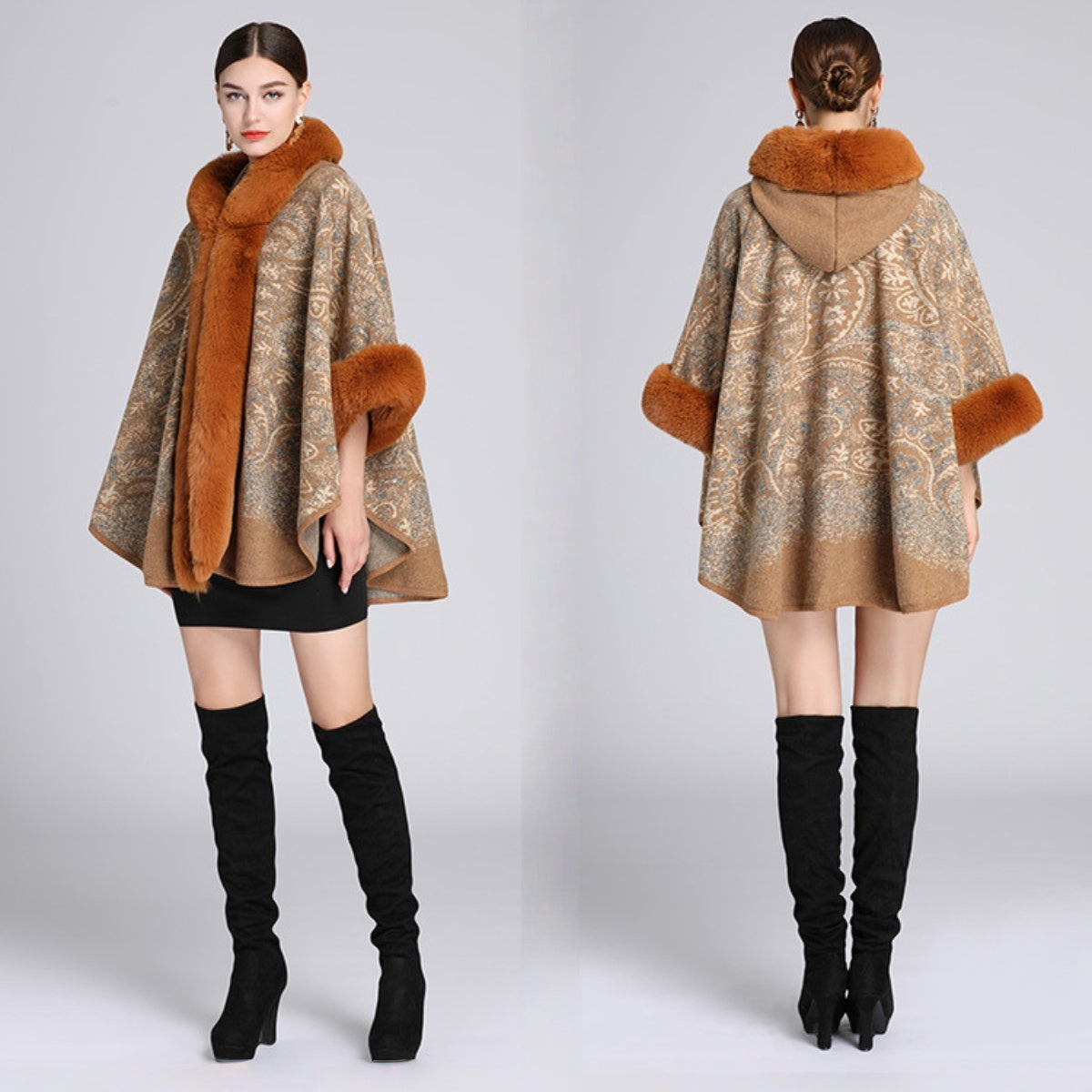 🍁💐【40–85 kg】 Jesen/zima 2025, nov plašč z ovratnikom in kapuco za večje velikosti, šal