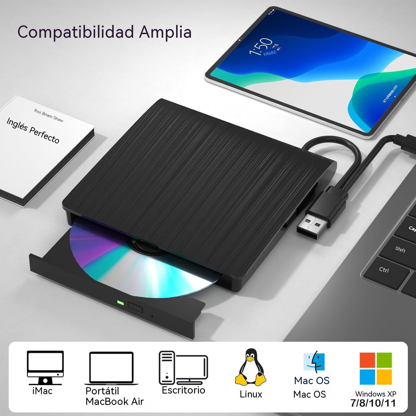 📢📢 !50% de descuento! 💿💻 Unidad externa de CD/DVD: Plug & Play, portátil y compatible con Mac/Windows